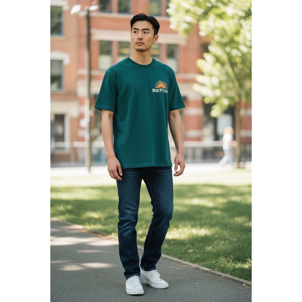 206Rhythm Mens Sound of Change Graphic T-Shirt Teal Green Sun Logo Tee NEW